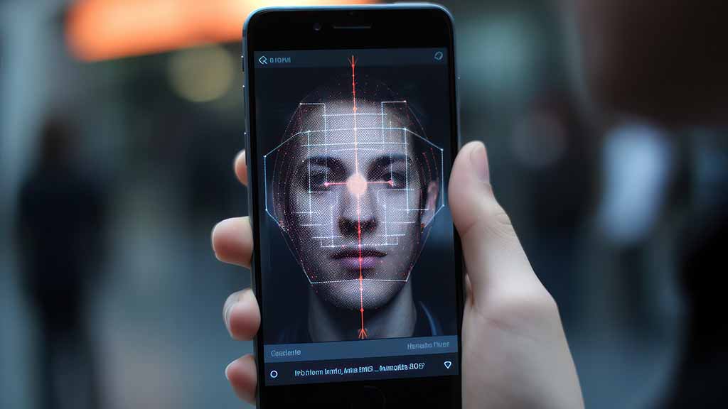 Uma pessoa segurando o celular, na tela do aparelho, a imagem dela transmitida via reconhecimento facial.