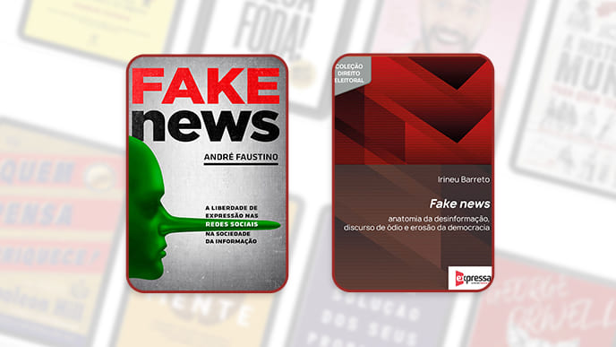 Com um fundo que indica capas de livros, em destaque temos duas obras. Na ordem: Fake news, de André Faustino e Fake news de Irineu Barreto.
