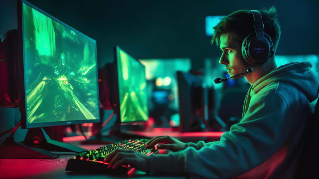 Um adolescente jogando no computador. Ele está em um sala com vários computadores gamers onde predomina a luz das máquinas