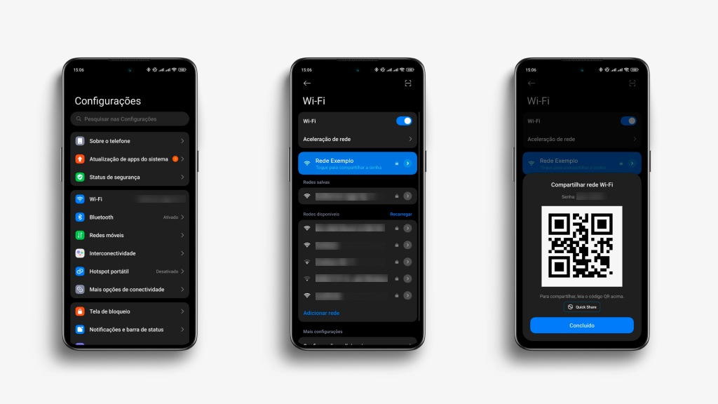 Mockup mostrando três celulares Android e passo a passo para compartilhar o Wi-Fi pelo QR Code
