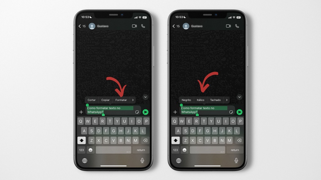 Dois celulares iPhone lado a lado mostrando passo a passo de como formatar texto no WhatsApp