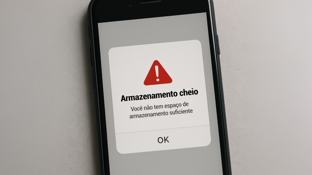 Close-up da tela de um celular exibindo um pop-up com símbolo de exclamação em branco e vermelho e o aviso “Armazenamento cheio – Você não tem espaço de armazenamento suficiente”.