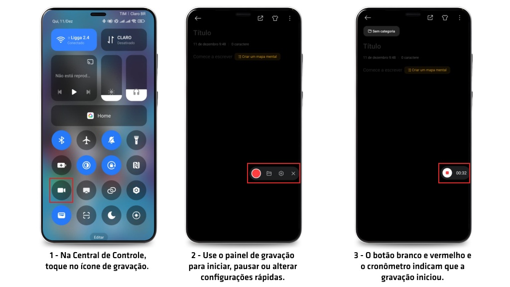 Três celulares Android lado a lado indicando o passo a passo sobre como gravar a tela do celular.