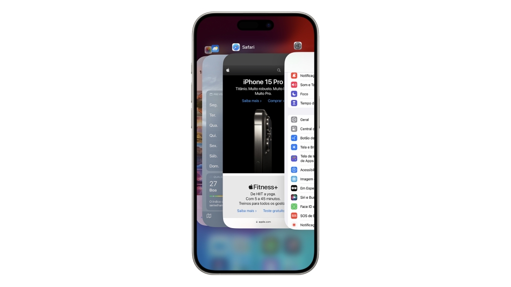 Celular exibindo a tela de Alternador de Apps do iPhone, onde aparecem os aplicativos recentes e abertos em segundo plano.