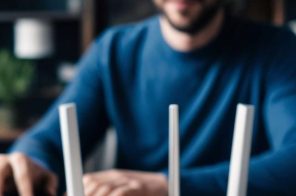 Roteador Wi-Fi branco sobre mesa de madeira, com rapaz de blusa azul desfocado ao fundo, representando a alteração da senha do Wi-Fi da Desktop.