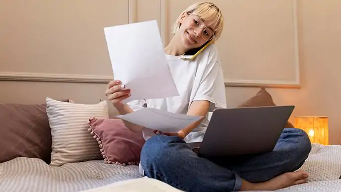 O cliente Desktop pode ter acesso a 2ª via do boleto direto na Área do Cliente. Uma jovem, de cabelo curto e óculos de grau, sentada na cama. No colo, um notebook e em cada uma das mãos segura uma via de boleto bancário.
