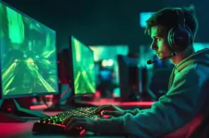 Um adolescente jogando no computador. Ele está em um sala com vários computadores gamers onde predomina a luz das máquinas