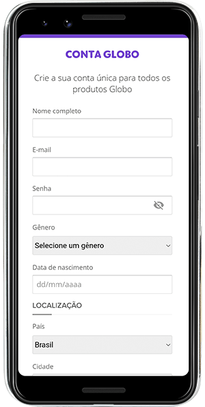 Imagem da tela de cadastro dos Canais Globo referente ao passo 3 do processo de cadastro via dispositivo Android
