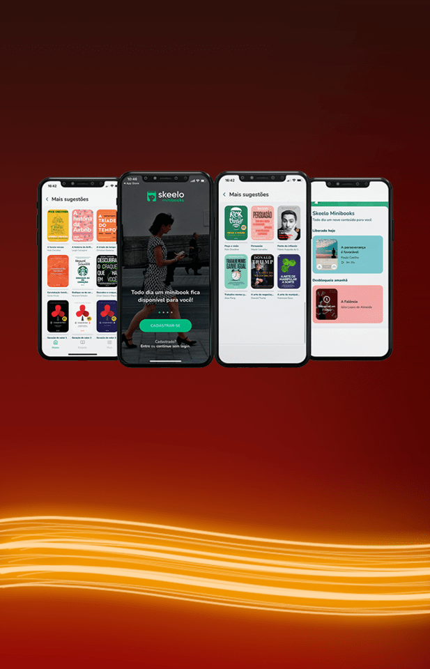 Vários smartphones mostrando diferentes telas do aplicativo Skeelo Minibooks