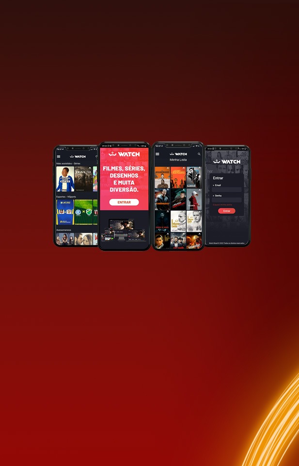 Aplicativo WATCH Vários smartphones mostrando diferentes telas do aplicativo WATCH