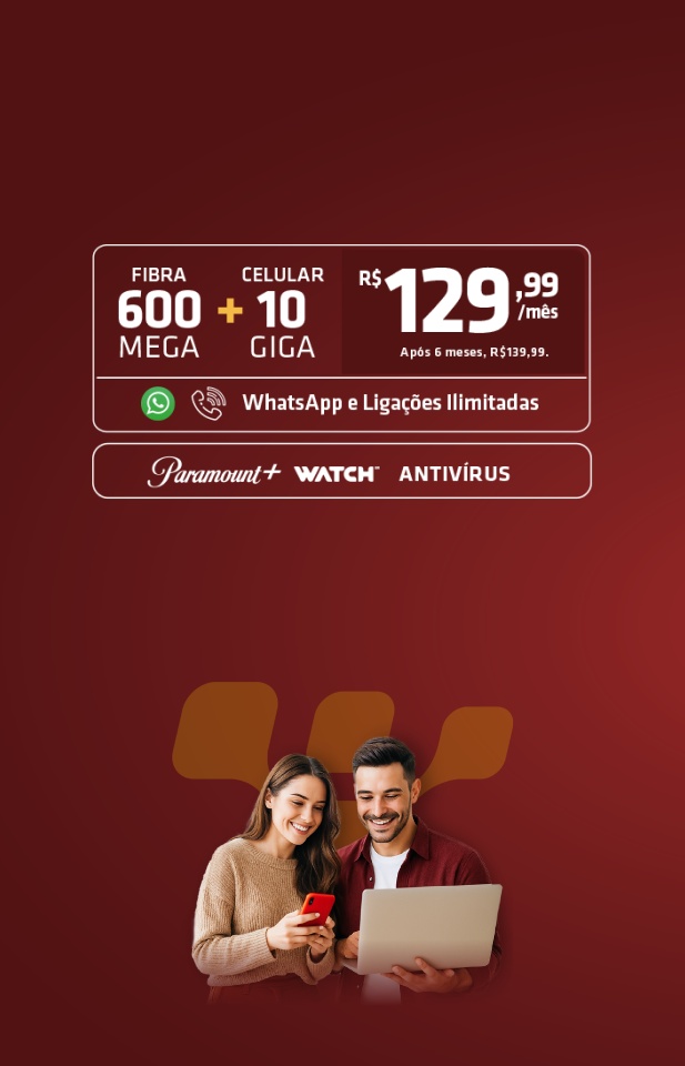 Banner mostrando casal segurando celular notebook, com fundo vermelho, representando clientes do plano de internet Desktop Mais