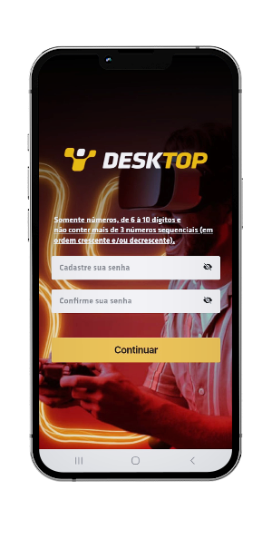 Tela do celular para cadastro da senha do aplicativo da Desktop. O usuário deve digitar uma senha de 6 a 10 dígitos e depois repetir a senha para confirmar o acesso