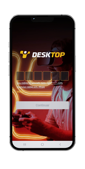 Tela do celular indicando o campo para inserir o código de acesso ao aplicativo da Desktop. O código possui seis números.