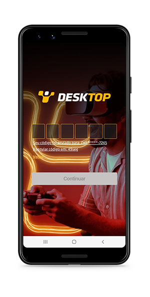 Tela do celular indicando o campo para inserir o código de acesso ao aplicativo da Desktop. O código possui seis números.