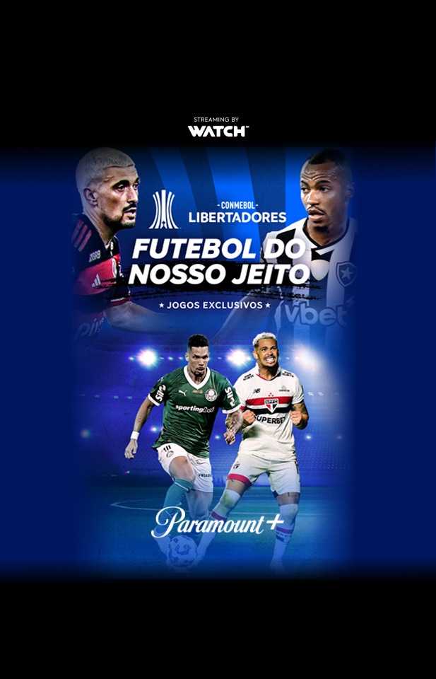 Banner Conmebol Libertadores, disponível no Paramount+, mostrando quatro jogadores de futebol