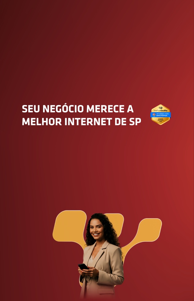Banner da Desktop Empresas com moça navegando no celular e Dedé ao fundo, destacando planos de internet empresariais.