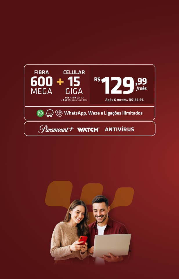 Banner Desktop Mais 15 GB com homem e mulher sorrindo, ele segurando notebook cinza, ela celular vermelho, fundo vermelho com Dedé da Desktop em amarelo e pack da oferta à esquerda.