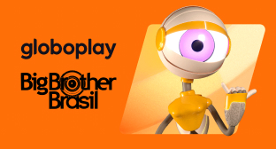 Banner com o robozinho mascote do BBB vestindo roupas amarelas, ao lado do texto “Globoplay – Big Brother Brasil”, indicando conteúdo disponível no streaming em parceria com a Desktop.