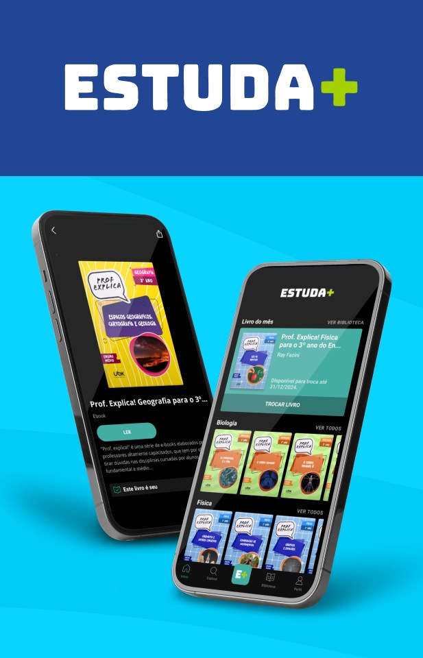 Banner do Estuda+, app parceiro da Desktop, exibindo dois celulares com o aplicativo aberto e o logo “Estuda+” sobre fundos em tons de azul claro e escuro.