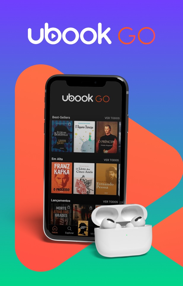 Banner do Ubook Go, app parceiro da Desktop, exibindo um celular com o aplicativo aberto na tela e um estojo de fones sem fio à frente, com o logo “Ubook Go” em destaque sobre fundo colorido em tons de roxo, laranja e verde.